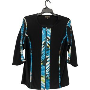 Picadilly Womens Black Blue Abstract Trim Stretch 3/4 Sleeve Zip Up Jacket Sz 1X